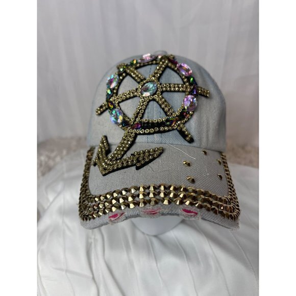 Rhinestone Sequins Blue Denim Rhinestone Sequins Anchor Rhinestone‎ Hat - Picture 2 of 7